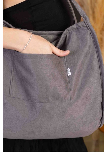 Grey 00s Shopper Bag Fermuarlı, Astarlı , Kumaş, Kol Ve Omuz Çantası / Okul & Günlük fırsatları