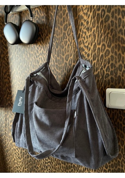 Grey 00s Shopper Bag Fermuarlı, Astarlı , Kumaş, Kol Ve Omuz Çantası / Okul & Günlük indirimleri