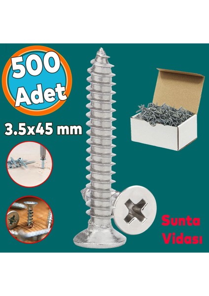 Sunta Vidası Sivri Uçlu Ahşap Tahta Ağaç Mobilya Ayak Kulp Vidası 3.5X45 mm Paket 500 Adet