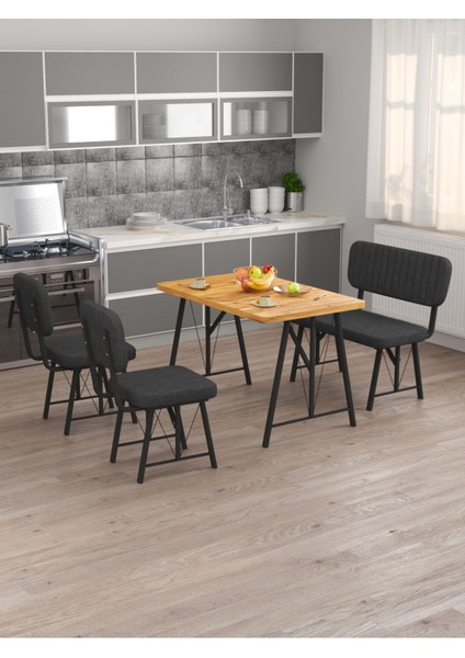 Hayat 70 x 110 Atlantik Mutfak Masası, Mutfak Masası Takımı, Yemek Masası, 2 Sandalye 1 Bench - Antrasit fiyatları