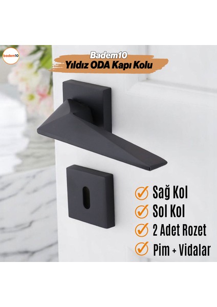 Yıldız Oda Kapı Kolu Siyah Kare Rozetli Sağa Sola Uygun Iç Ev Kapısı Kolları Kilitlenebilir 1 Takım