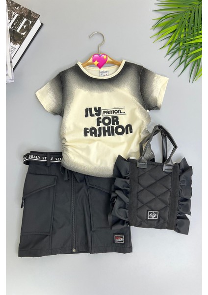Sly Fashion Çantalı Kız Çocuk 3 Lü etekli takım - Siyah