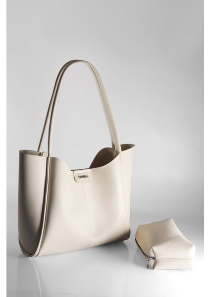 Kadın Krem Büyük Boy Makyaj Çantalı El Ve Omuz Çantası