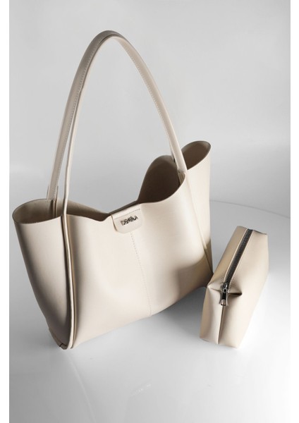 Kadın Krem Büyük Boy Makyaj Çantalı El Ve Omuz Çantası modelleri