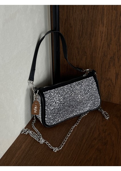 Taşlı Model Siyah Gümüş Kadın El Ve Omuz Çantası