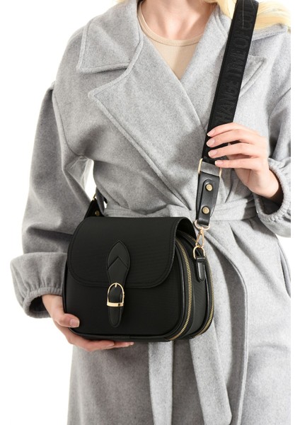 Kadın Siyah 3 Bölmeli Kolon Askılı El Ve Omuz Çantası