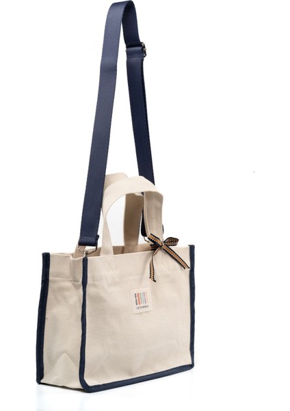 Lacivert & Ekru Kanvas Balat Tote Bag Ayarlanabilir Askılı Kadın El Ve Omuz Çantası