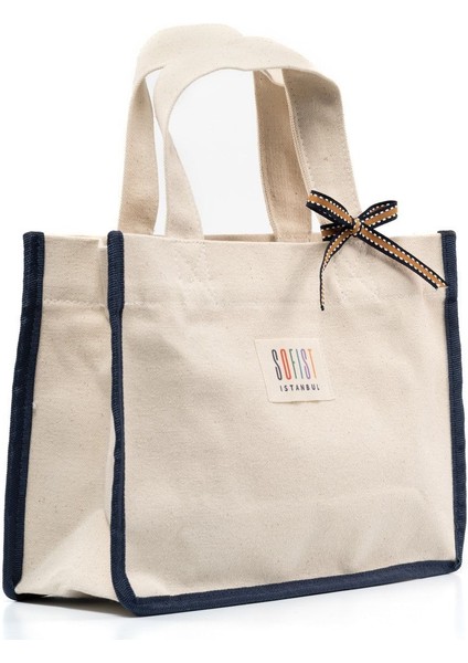 Lacivert & Ekru Kanvas Balat Tote Bag Ayarlanabilir Askılı Kadın El Ve Omuz Çantası
