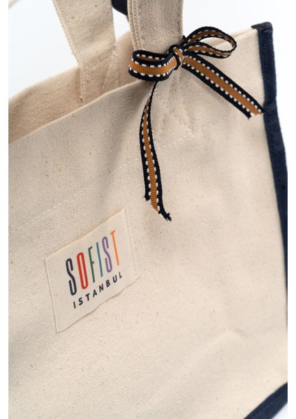 Lacivert & Ekru Kanvas Balat Tote Bag Ayarlanabilir Askılı Kadın El Ve Omuz Çantası