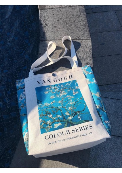 Van Gogh Badem Çiçeği Kanvas Bez Çanta Yıkanabilir Çıtçıtlı Cepli