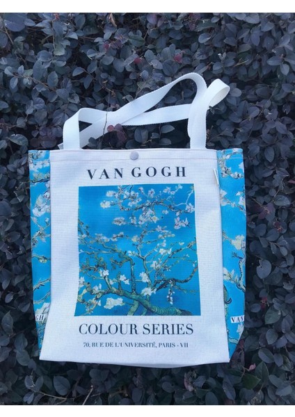 Van Gogh Badem Çiçeği Kanvas Bez Çanta Yıkanabilir Çıtçıtlı Cepli modelleri