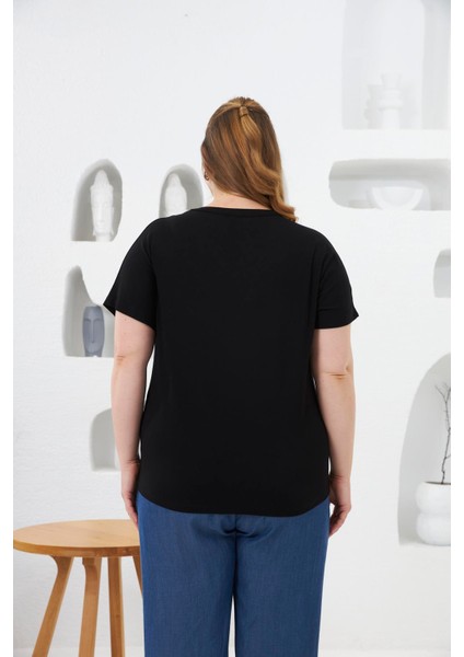 Yaka Tül ve Taş Detaylı Büyük Beden Tişört Siyah indirimleri