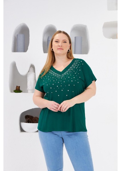 Yıldız Taş Baskılı Büyük Beden Tişört Zümrüt