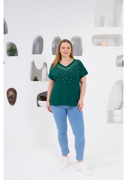 Yıldız Taş Baskılı Büyük Beden Tişört Zümrüt fırsatları