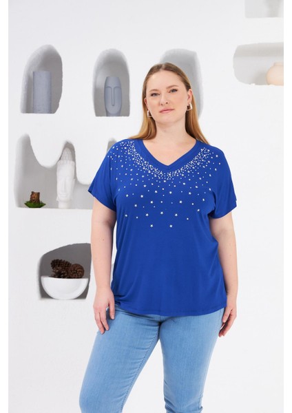 Yıldız Taş Baskılı Büyük Beden Tişört Saks