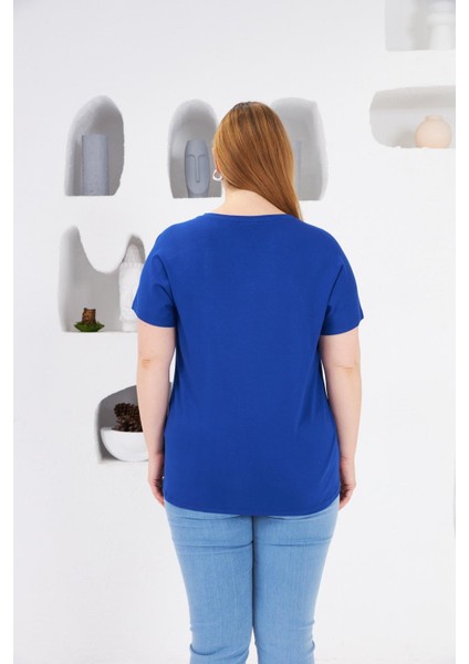 Yıldız Taş Baskılı Büyük Beden Tişört Saks indirimleri