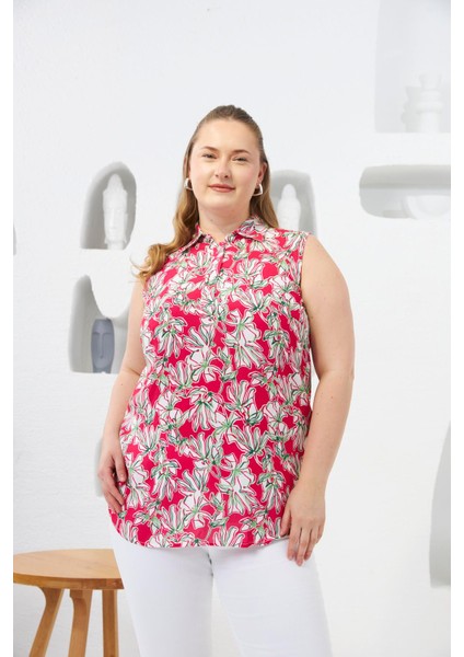 Gömlek Yaka Desenli Sıfır Kol Büyük Beden Bluz Fuşya