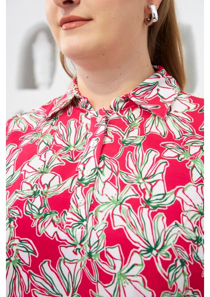 Gömlek Yaka Desenli Sıfır Kol Büyük Beden Bluz Fuşya fiyatları