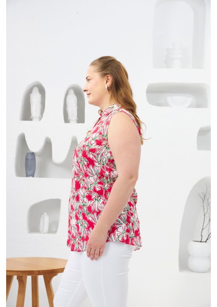 Gömlek Yaka Desenli Sıfır Kol Büyük Beden Bluz Fuşya modelleri