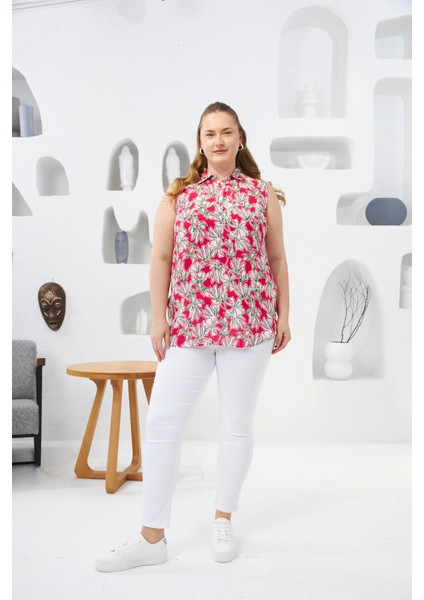 Gömlek Yaka Desenli Sıfır Kol Büyük Beden Bluz Fuşya fırsatları