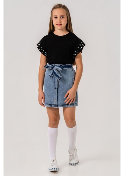 Kol Taş Detaylı Kot Etekli Kız Çocuk 2 li takım - Siyah