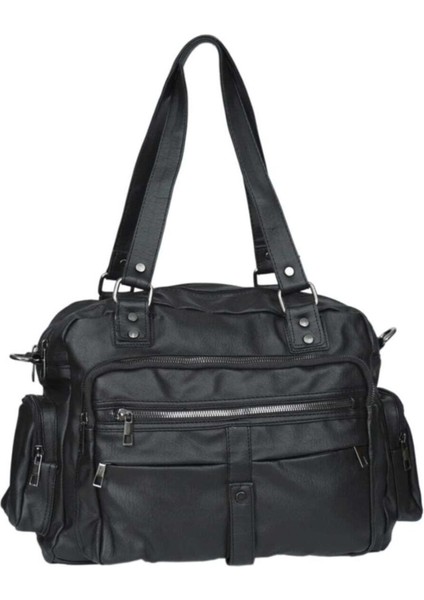 Kadın Siyah Yumuşak Yıkama Deri Çok Bölmeli Omuz Kol Çapraz Çanta