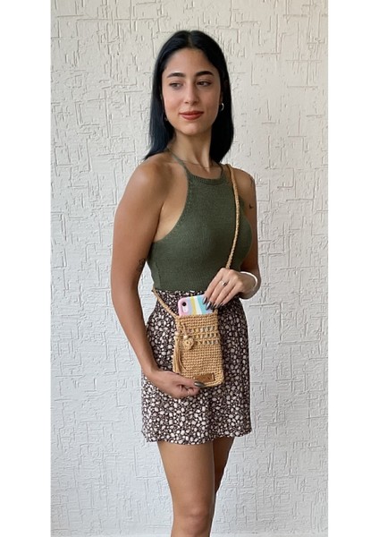 Lüx El Örgüsü Kağıt Ip Kadın Omuz Telefon Çantası ( Renk Hasır )