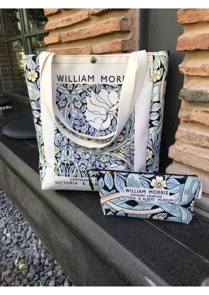 William Morris Kanvas Bez Çanta& Makyaj Çantası Yıkanabilir Metal Çıtçıtlı Cepli
