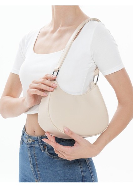 Kadın Orijinal Deri Model Krem Baget Omuz Çantası Bagi