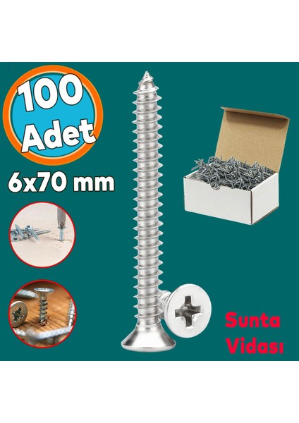 Sunta Vidası Sivri Uçlu Ahşap Tahta Ağaç Mobilya Ayak Kulp Vidası 6X70 mm Paket 100 Adet