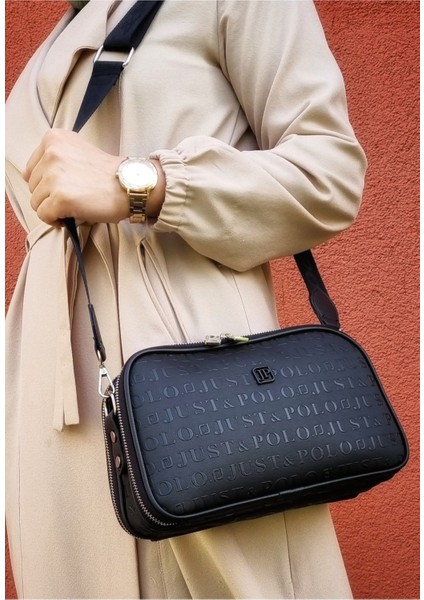 Justpolo Kadın Siyah 5 Bölmeli Çapraz Çanta Omuz Çantası Gofraj Baskılı fiyatları