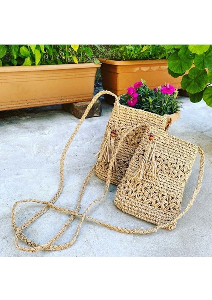 Askılı Hasır El Örgüsü Omuz Çantası - Telefon Çantası - Postacı Çantası
