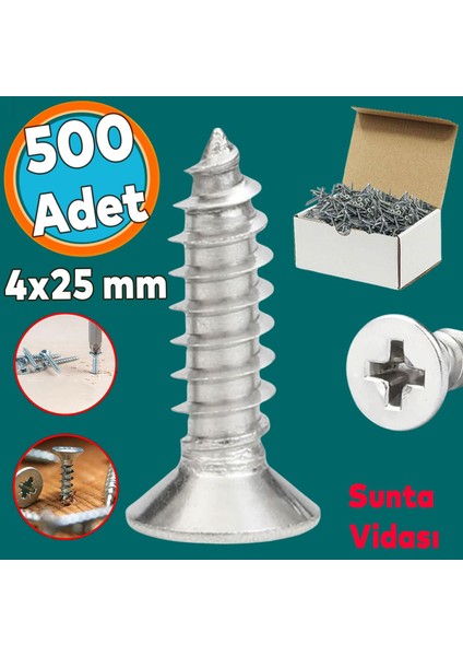 Sunta Vidası Sivri Uçlu Ahşap Tahta Ağaç Mobilya Ayak Kulp Vidası 4X25 mm Paket 500 Adet