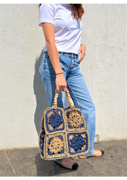 Mavi Bej Renk Etnik Desenli Ahşap Boncuk Askılı El Örgüsü Kağıt Ip Çanta