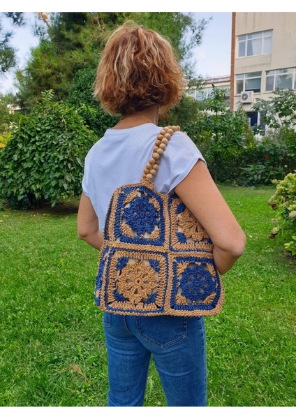 Mavi Bej Renk Etnik Desenli Ahşap Boncuk Askılı El Örgüsü Kağıt Ip Çanta fiyatları