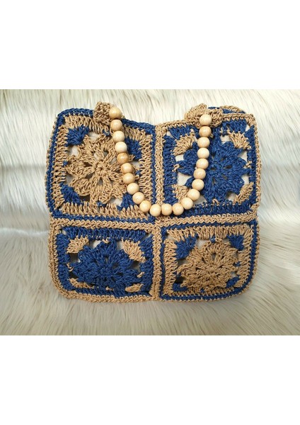 Mavi Bej Renk Etnik Desenli Ahşap Boncuk Askılı El Örgüsü Kağıt Ip Çanta modelleri