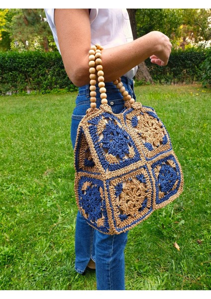 Mavi Bej Renk Etnik Desenli Ahşap Boncuk Askılı El Örgüsü Kağıt Ip Çanta fırsatları