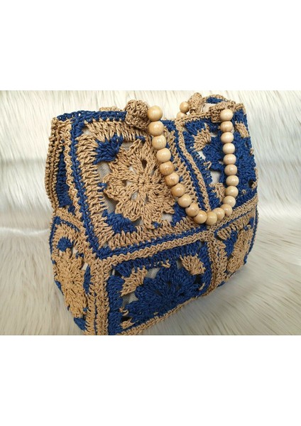 Mavi Bej Renk Etnik Desenli Ahşap Boncuk Askılı El Örgüsü Kağıt Ip Çanta indirimleri