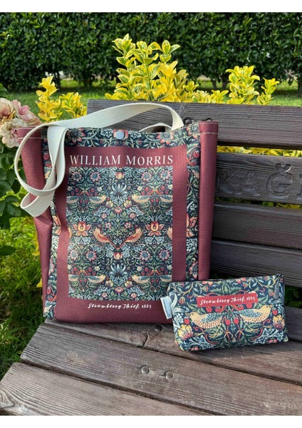 William Morris Kanvas Bez Çanta& Makyaj Çantası Yıkanabilir Metal Çıtçıtlı Cepli (2'Li Set)
