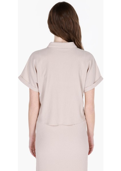Regular Fit Shirt Neck Jakarlı Kadın Bej Kısa Kol Tişört fiyatları
