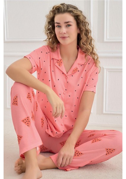 Kadın Kısa Kol Önden Düğmeli Karpuz Desen Pembe Pijama Takımı 70110-857