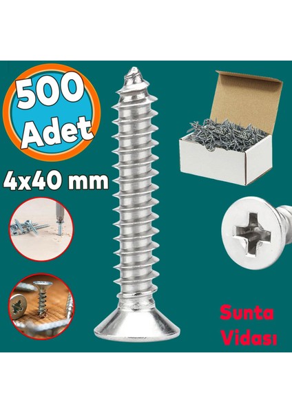 Sunta Vidası Sivri Uçlu Ahşap Tahta Ağaç Mobilya Ayak Kulp Vidası 4X40 mm Paket 500 Adet