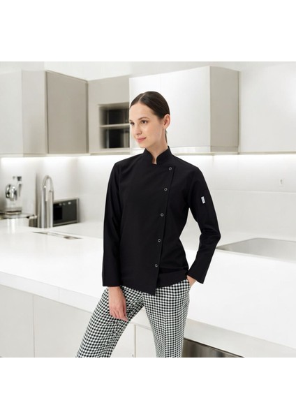Chefpro Kadın Siyah Şef Ceketi Aşçı Kıyafeti