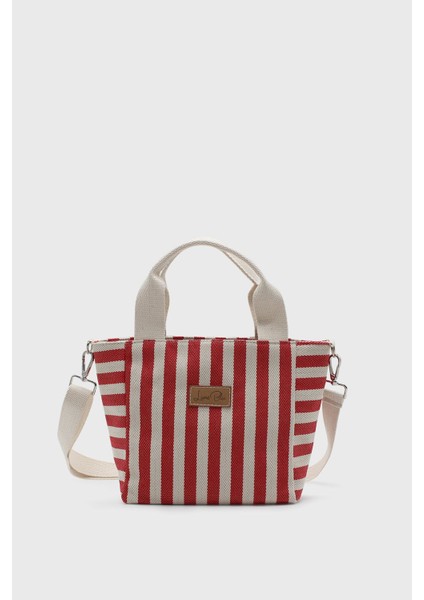 Kadın Çizgili Mini Keten Tote Çanta
