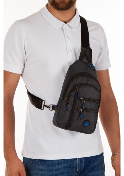 Siyah Mavi Keten Çok Fonksiyonlu Kulaklı Ve Usb Çıkışlı, Askılı Çapraz Göğüs, Omuz Ve Bel Çantası