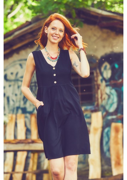 V Yaka Düğme Detaylı Kolsuz Otantik Elbise fiyatları