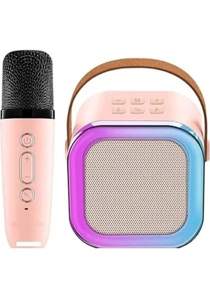 Karaoke Kablosuz Hoparlör Mikrofonlu Rgb Işıklı Bluetooth Speaker Tf Kart/usb Pembe