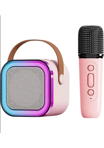 Karaoke Kablosuz Hoparlör Mikrofonlu Rgb Işıklı Bluetooth Speaker Tf Kart/usb Pembe