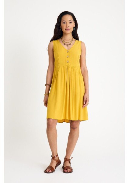 V Yaka Düğme Detaylı Kolsuz Otantik Elbise fiyatları