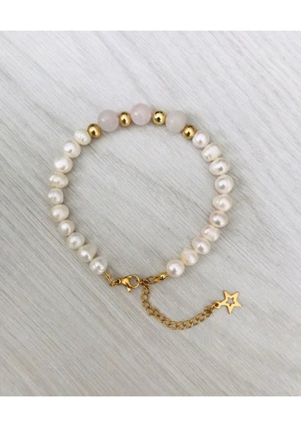 Gerçek Inci - Pembe Kuvars Bileklik MKT20250001